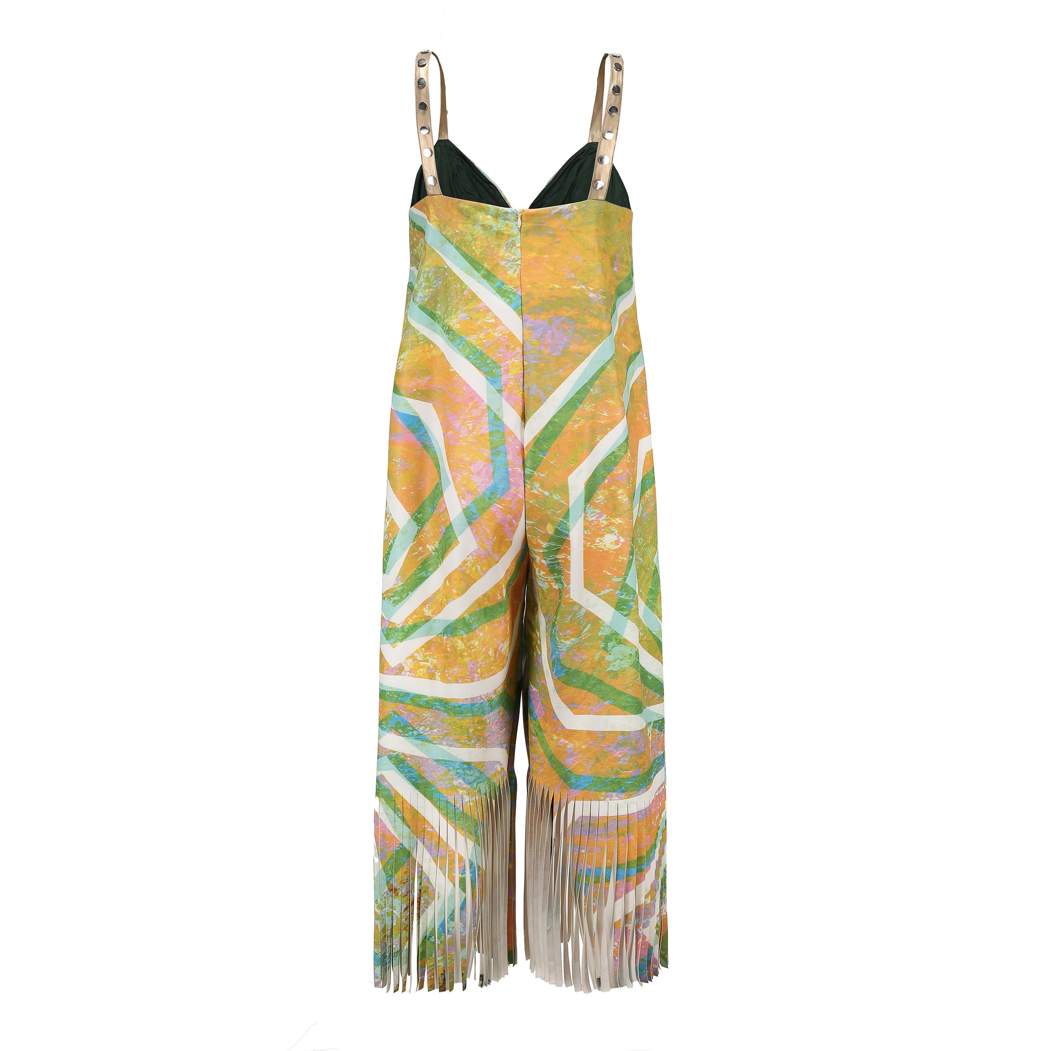 Print PU leather fringe jumpsuit