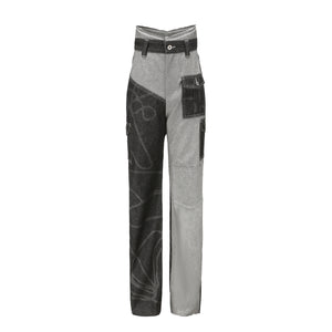 Laser print patchwork denim trousers